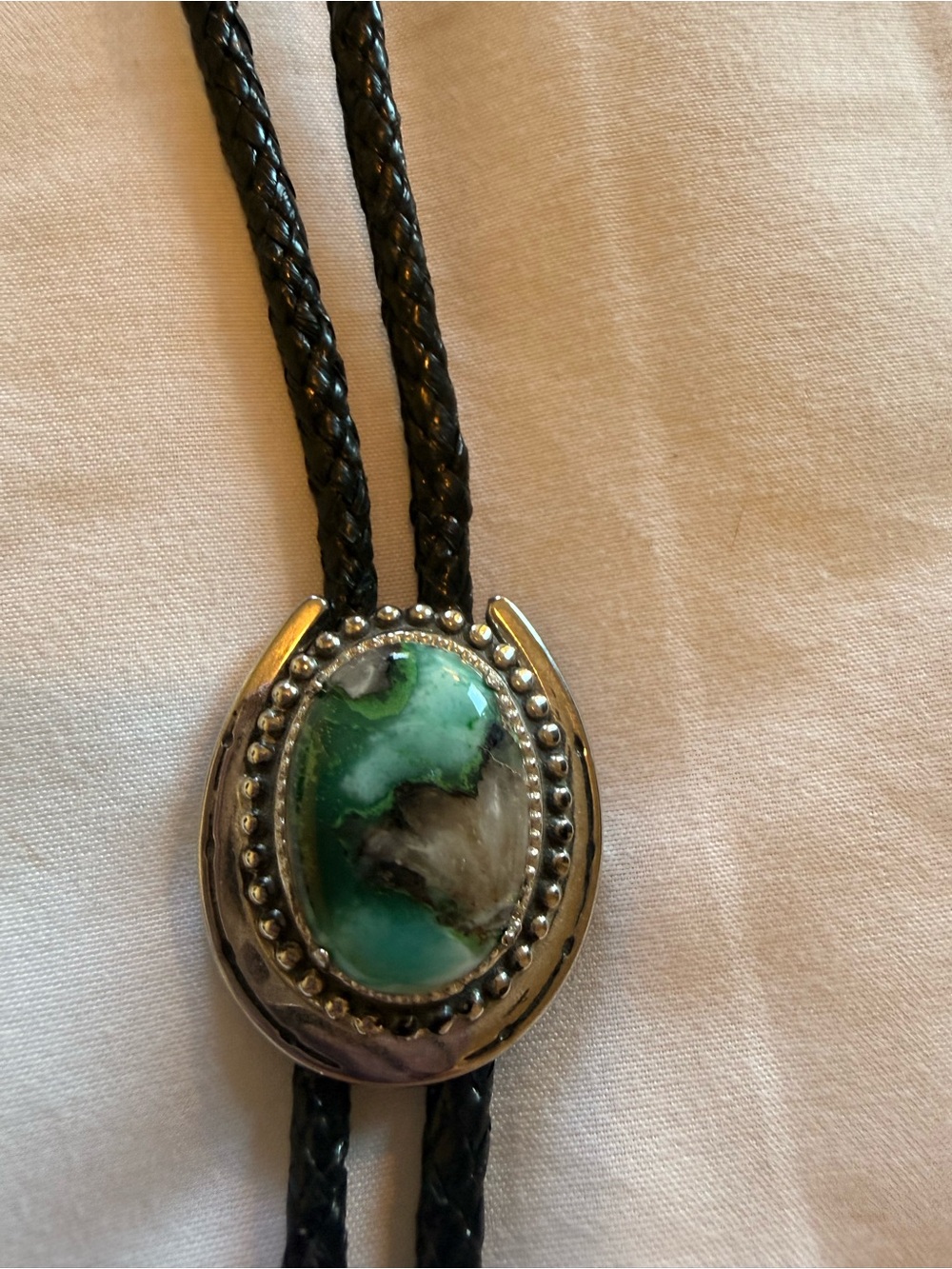 Green Turquoise Stone Bolo Tie Necklace with Silver-Tone Bezel